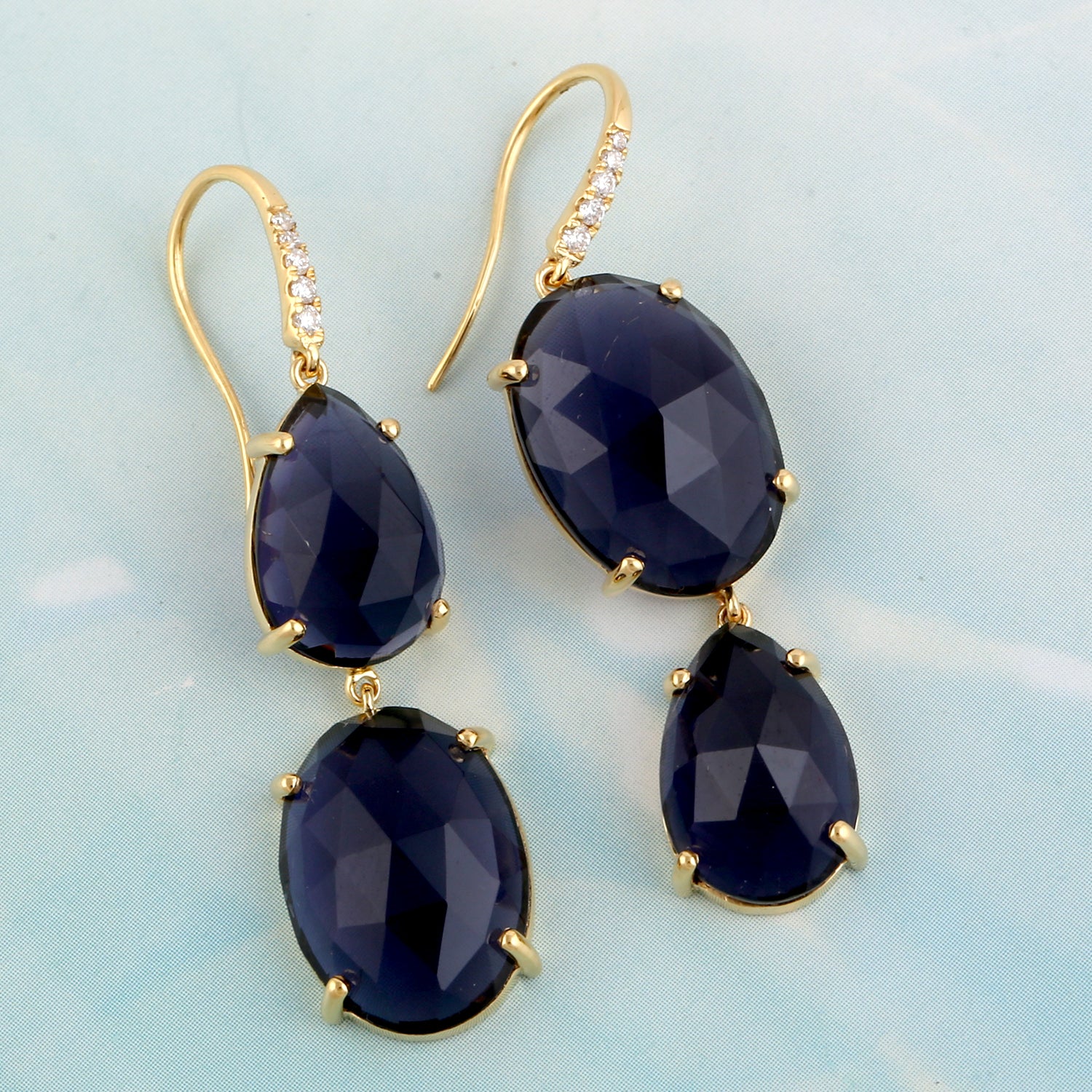 18K Yellow Gold Iolite Pave Diamond Ear Hook Earrings for Women - Elegant Dangling Earrings for Parties, Weddings & Evening Events