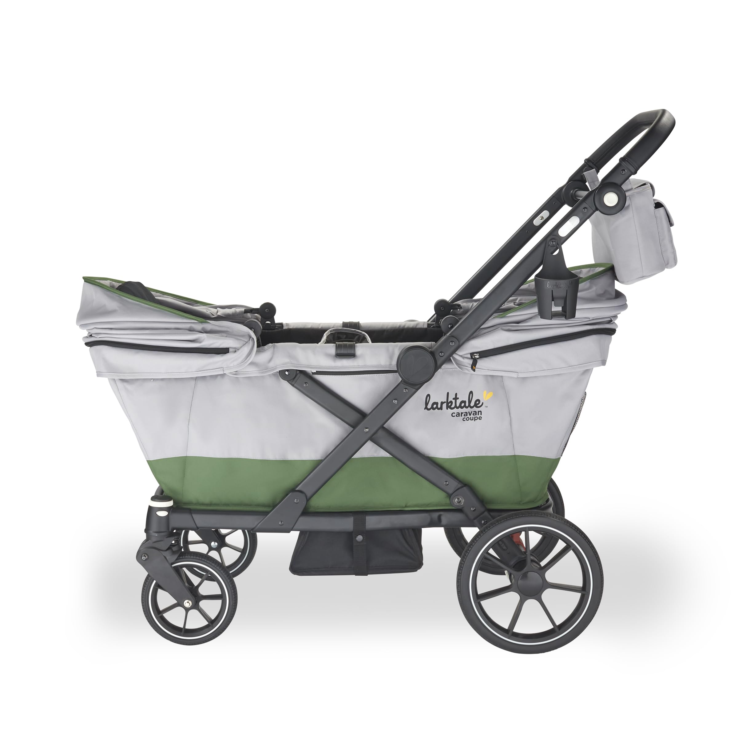 Larktale Caravan Coupe Compact 2-Seater Stroller Wagon - Lightweight Foldable Baby Wagon with Adjustable Canopies (Gray/Green) - Perfect for Travel, Park Outings & Beach Trips