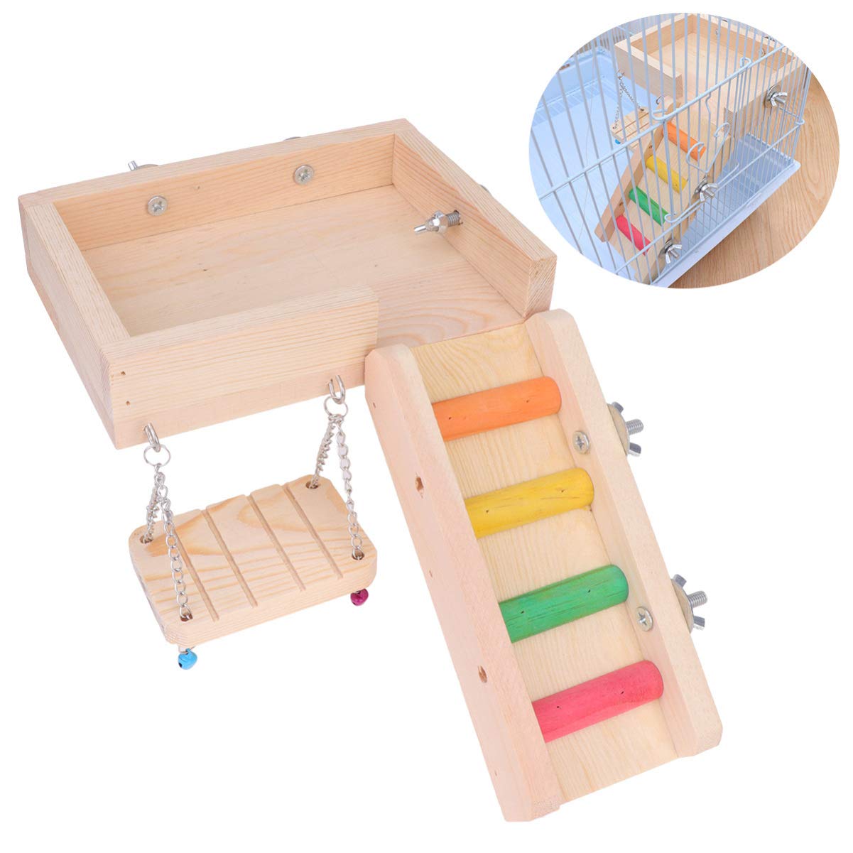 POPETPOP Parrot Chewing Toy Set - Bird Swing, Ladder & Chew Toys for Parakeets, Cockatiels, Conures | Durable Pet Bird Accessories for Cage Play, Exercise & Mental Stimulation