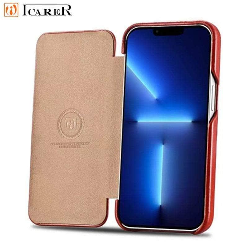 iCarer Premium Genuine Leather Flip Case for iPhone 13 Pro - Slim Protective Cover with Card Slots | Perfect for Business, Travel & Everyday Use