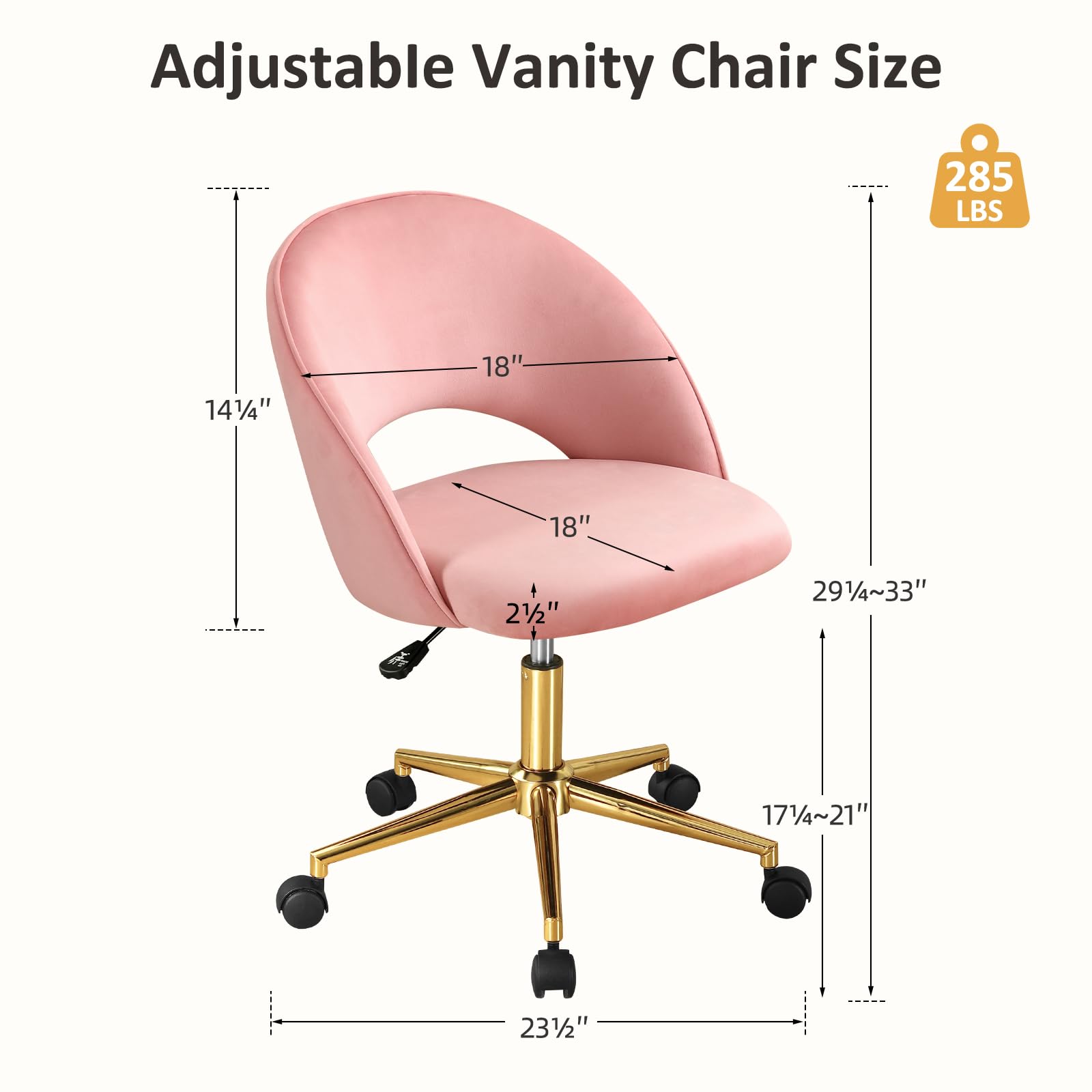 Furniliving Pink Vanity Chair with Back - Cute Rolling Upholstered Accent Chair for Girls, Makeup Room, Bedroom & Living Room - Soft Pink Velvet Office Desk Chair for Women's Dressing Table & Home Decor