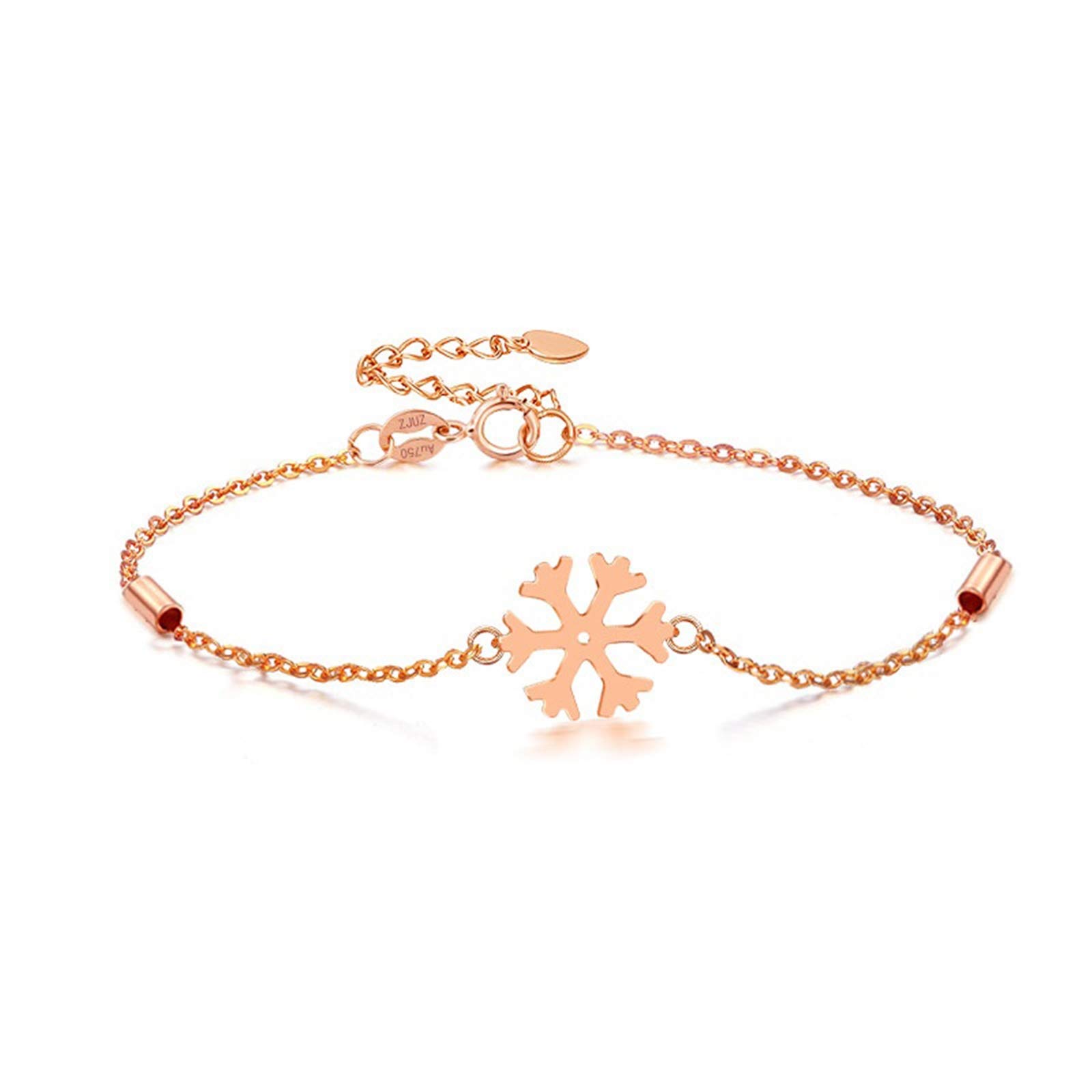 18K Rose Gold Bracelet for Women - Elegant Snowflake & Bar Charm Bridesmaid Jewelry, Adjustable 16cm+2cm Rolo Chain - Perfect for Weddings, Anniversaries & Special Occasions