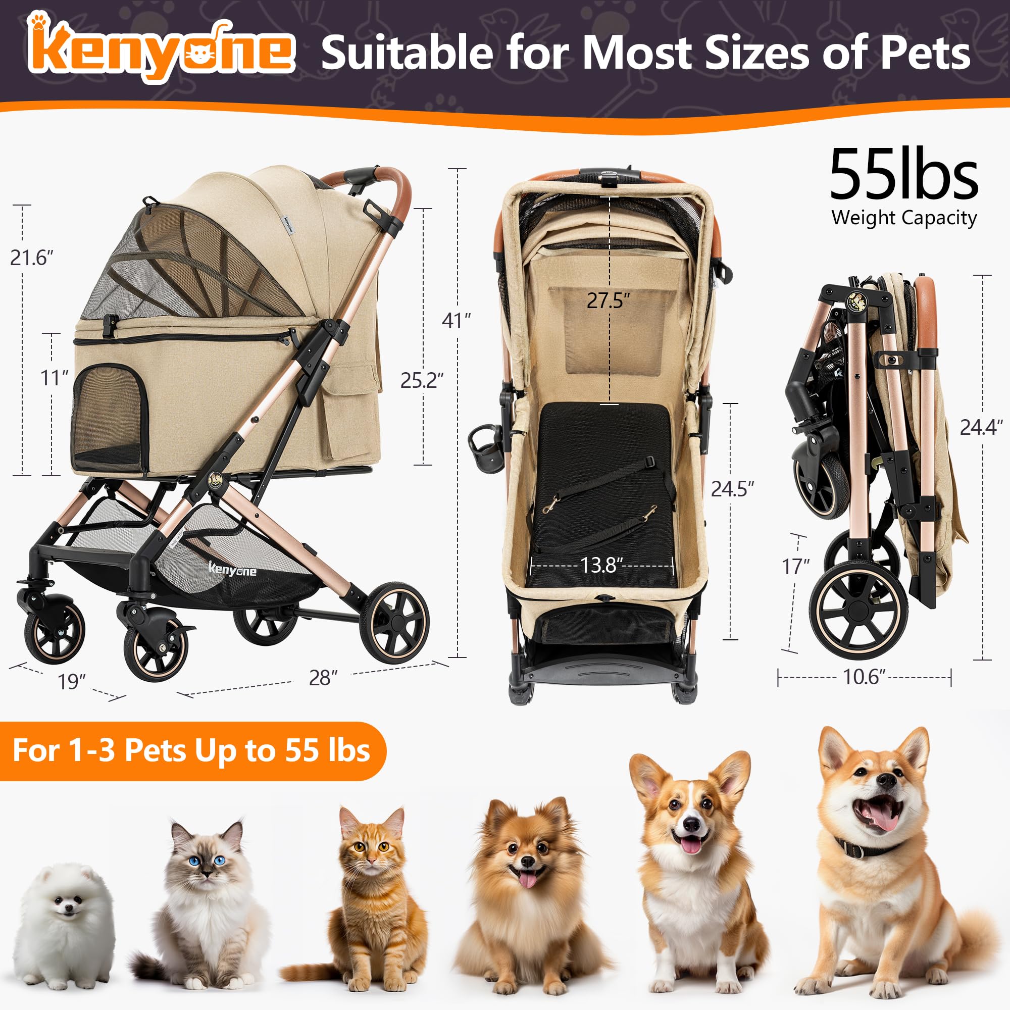 Kenyone Medium Dog Stroller for Pets Up to 55lbs - Lightweight Aluminum Frame, One-Click Folding, No-Zip Entry & Detachable Mesh - Perfect for Walks, Vet Visits & Outdoor Adventures