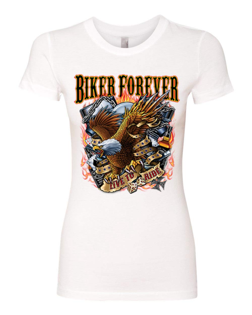 American Eagle Women's Slim Fit Junior Tee - Biker Forever Live to Ride Design for Cars & Trucks | Casual Wear, Motorcycle Enthusiast Gift, Road Trip Outfit