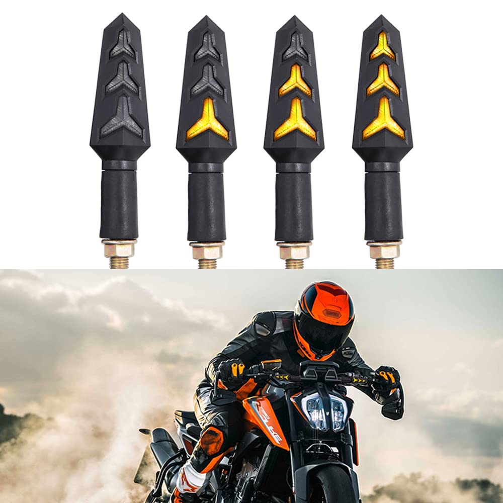 DREAMIZER 4pcs Motorcycle LED Turn Signals Lights - Water Flowing Blinker Indicator with 10mm Built-in Relay Arrow for Motorcycle & Motorbike - Perfect for Night Riding and Enhanced Safety (Set of 4)