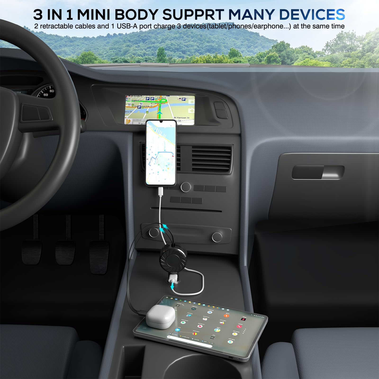 2-Pack Retractable 50W Fast Car Charger with 3-in-1 USB C & Cigarette Lighter Port - Compatible with iPhone 15 Pro/Samsung/Android/Pixel - Perfect for Road Trips & Daily Commutes