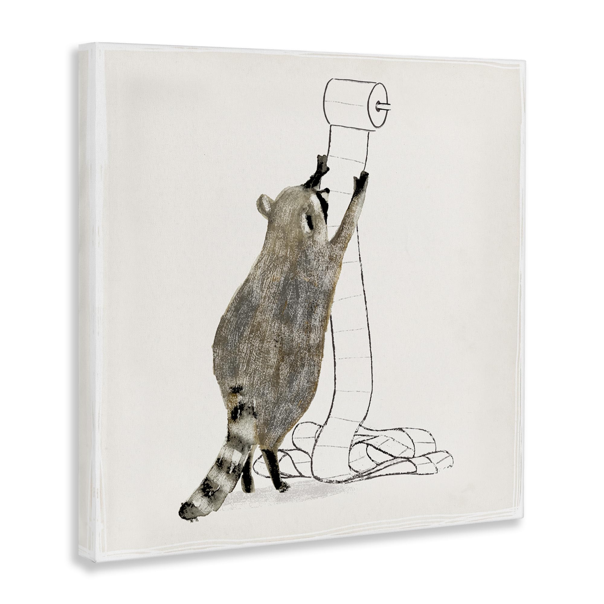 Stupell Industries Raccoon Toilet Paper Hoarder Woodland Animal Canvas Wall Art - 17x17 Inches, Beige - Perfect for Bathroom Decor, Wildlife Lover Gift & Home Office Wall Decoration
