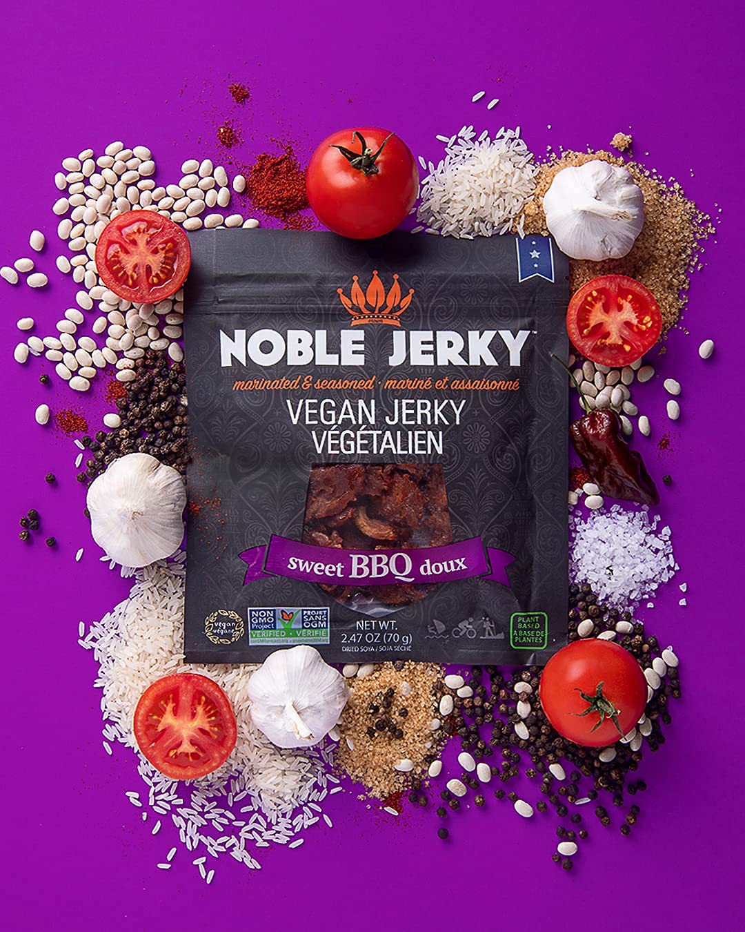 Noble Jerky - Healthy Vegan Vegetarian Snacks (BBQ, Original, Teriyaki, Chipotle) - 4 Pack (70g Each) | Plant-Based Protein Snack for Hiking, Travel & On-the-Go