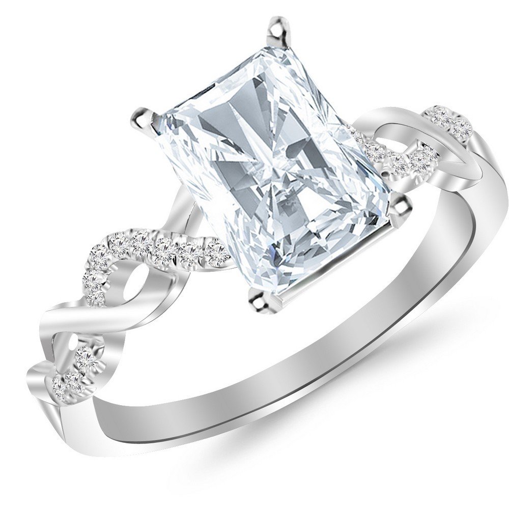 1.13 Carat 14K White Gold Infinity Twist Diamond Engagement Ring with Pave Setting - Radiant Cut 1 Ct H SI2 Center Stone for Wedding & Proposal