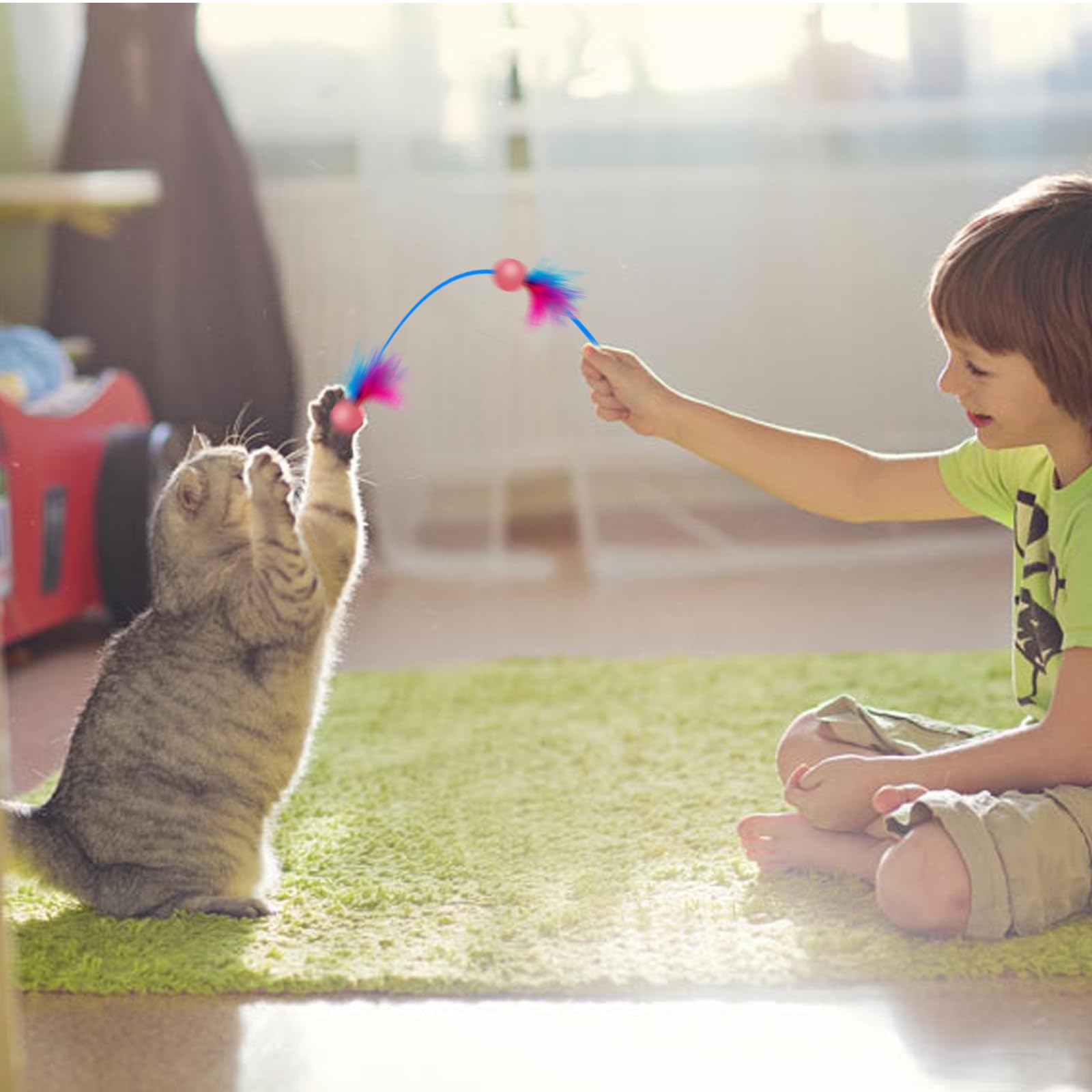 SHENGSEN Feather Cat Toys - 4 Pack Bouncy Balls with Feathers for Kittens & Cats | Interactive Play, Exercise & Stress Relief | Perfect for Indoor Playtime & Pet Bonding