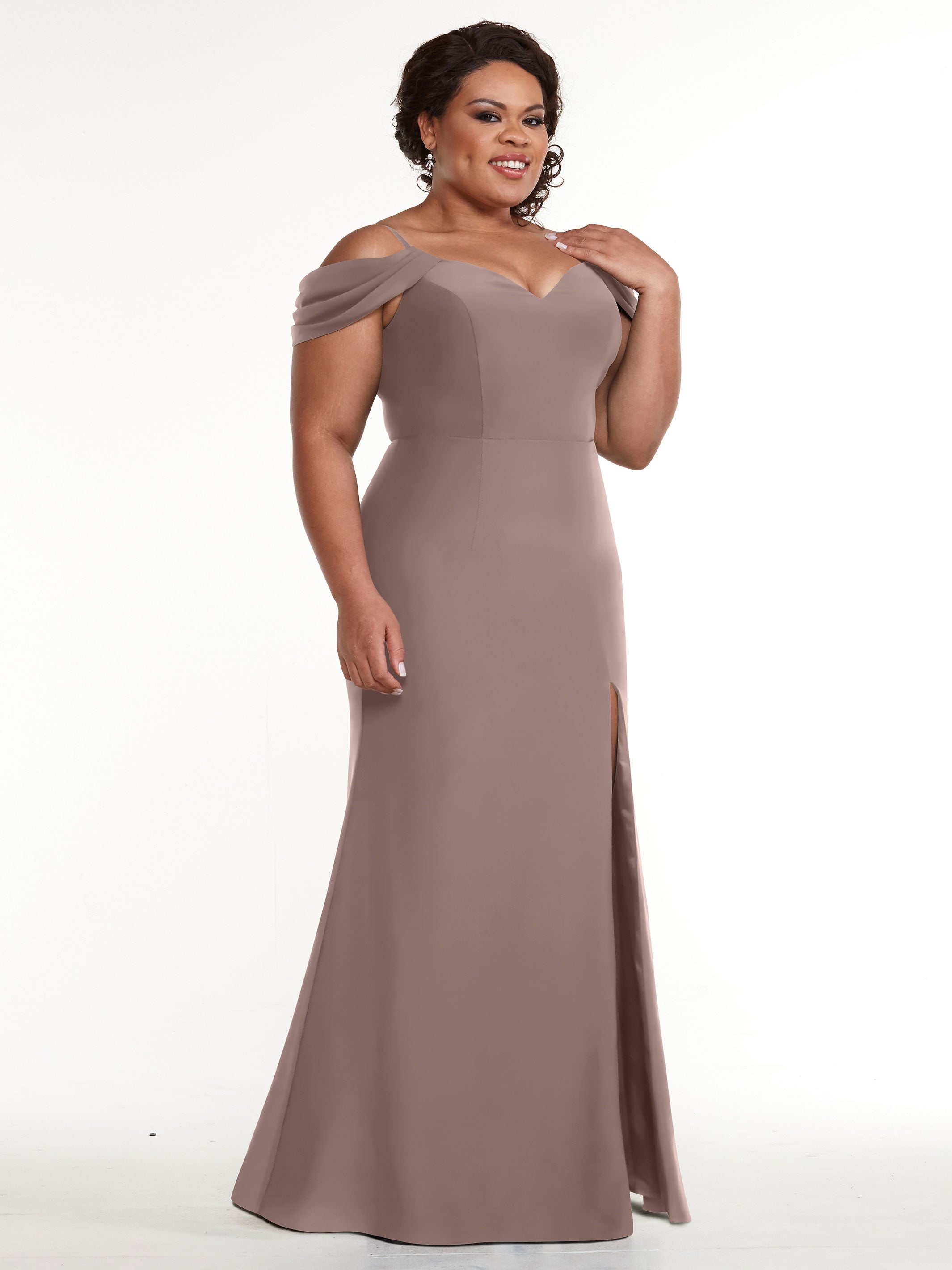 Elegant 83029 Fitted Stretch Chiffon Off-The-Shoulder Bridesmaid Dress with High Slit - Perfect for Weddings, Prom & Formal Events