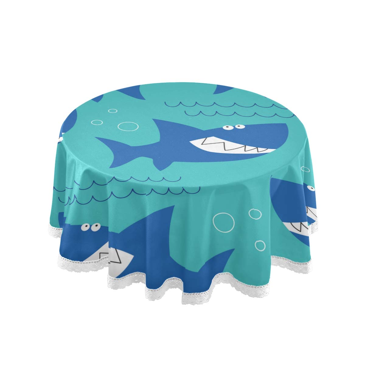 Cute Shark Ocean Tablecloth - 60 Inch Round for Dining & Coffee Tables - Beach Party Decor