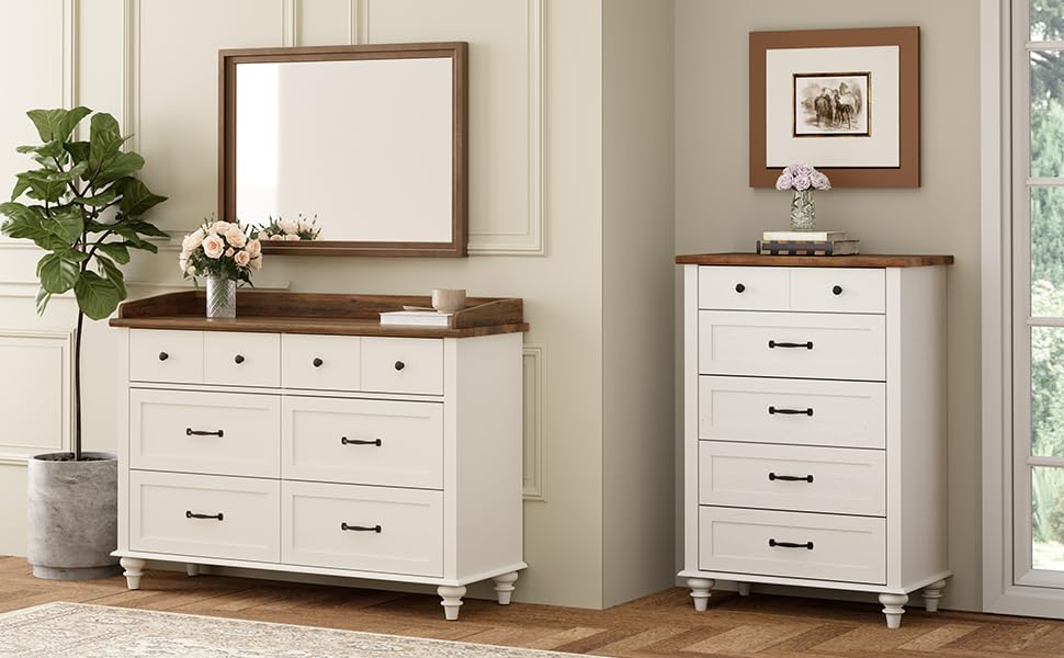Modern White Dresser with 5 Drawers - Solid Wood Legs for Bedroom Storage | Farmhouse Kids Dresser Organizer