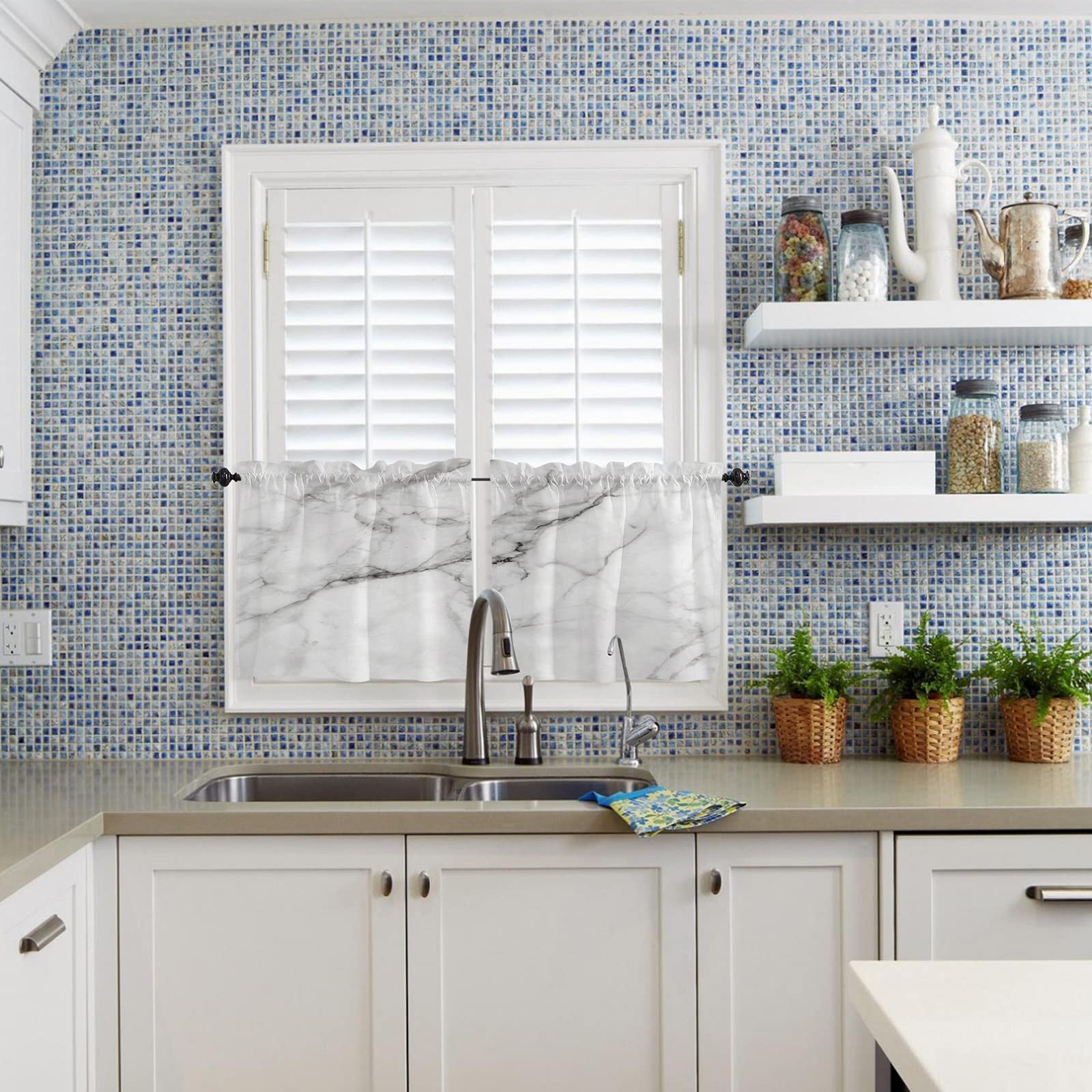 Marble Crack Design Window Curtains Set of 2 - 55''x36'' White Tier Kitchen Drapes with Rod Pocket for Half Windows - Perfect for Bathroom, Cafe & Small Kitchen Decor