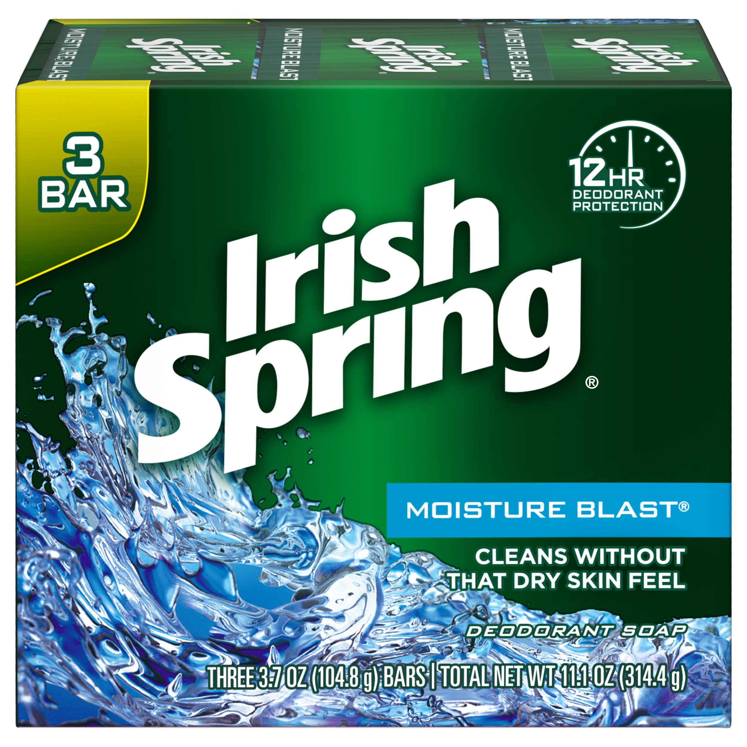 Irish Spring Deodorant Soap Bar - Moisture Blast 3.7 oz (3-Pack) | Long-Lasting Freshness & Hydration for Men | Gym, Shower & Travel Essential