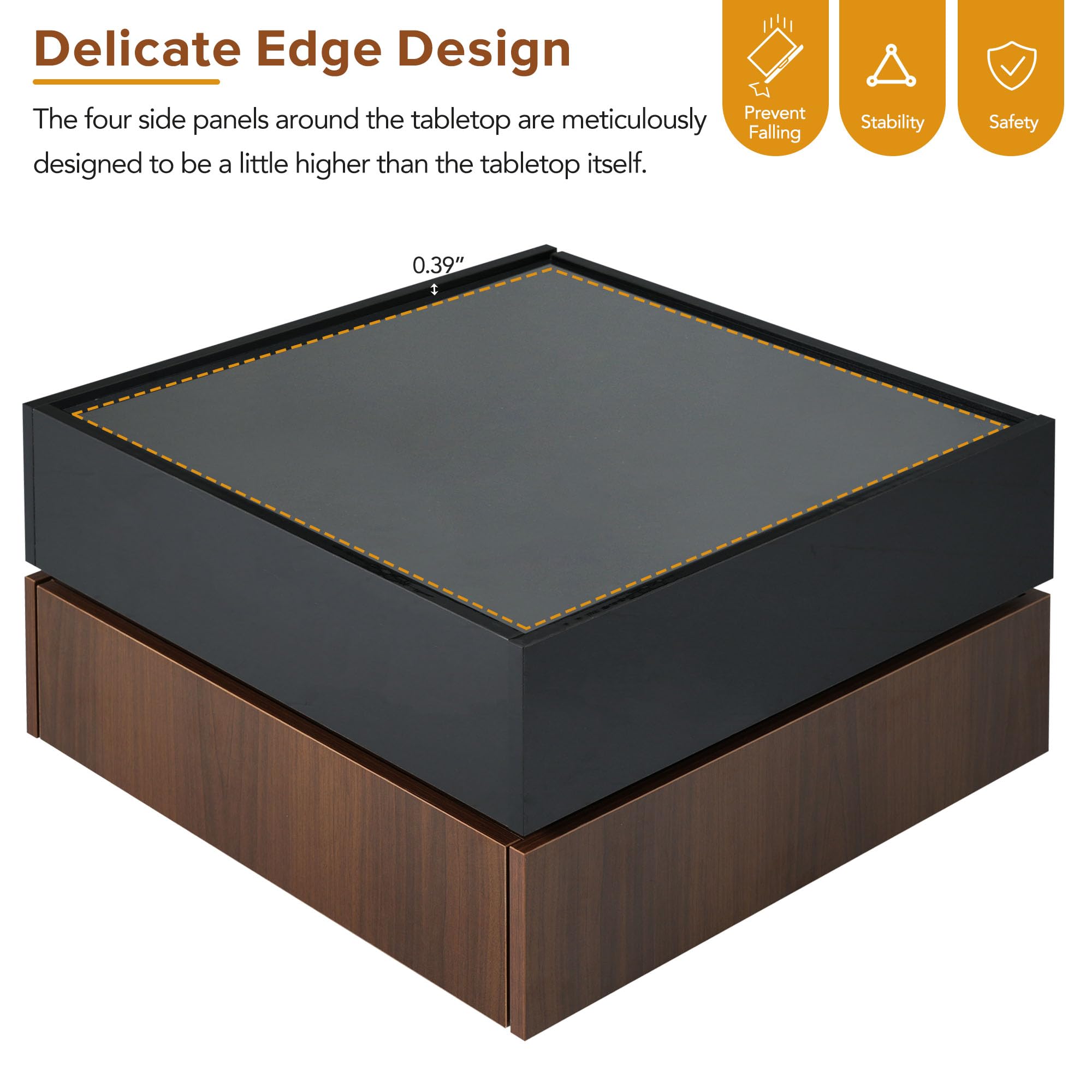 360° Rotating Modern Coffee Table with 2 Storage Drawers - High Gloss 2-Tier Square Center Table & Side Table for Living Room - Black & Walnut Finish - Perfect for Small Spaces & Home Decor