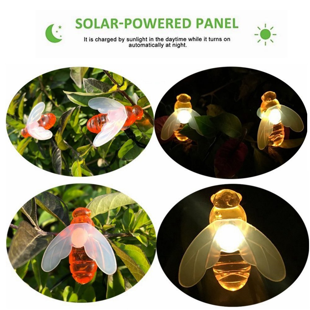 Solar Powered Honeybee String Lights - 30 LED Bumble Bee Shaped Waterproof Fairy Lights for Outdoor Garden, Summer Party, Wedding & Christmas Decorations (Warm White) | Perfect for Patio, Backyard, Balcony and Holiday Lighting