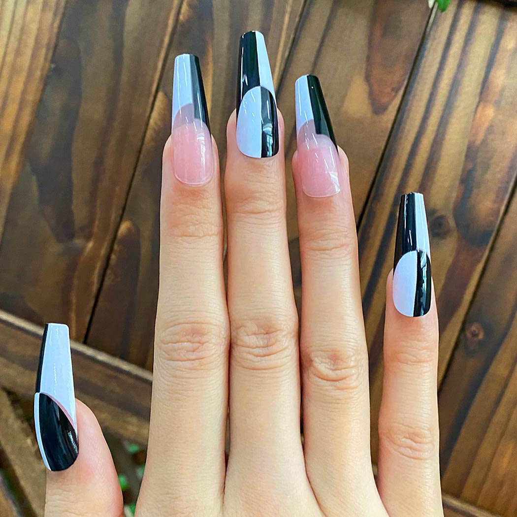 Black and White Geometric Line Art Press On Nails - Extra Long Coffin Ballerina Fake Nails with Glossy Finish - 24Pcs Full Cover Acrylic False Nails for Women & Girls (Style C) - Perfect for Parties, Weddings, and Special Occasions