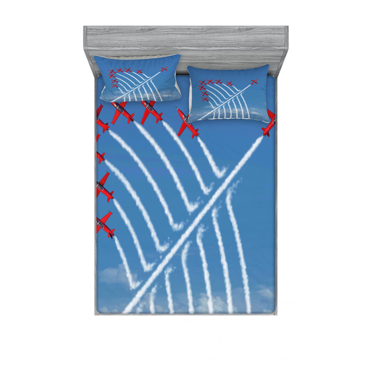 Ambesonne Airplane 2-Pack Queen Size Fitted Sheet & Pillow Sham Set - Little Show Planes 4-Piece Bedding Decor (2 Fitted Sheets + 4 Pillow Covers) - Red & Blue Airplane Theme - Perfect for Kids Bedroom, Nursery, or Aviation Enthusiast Decor