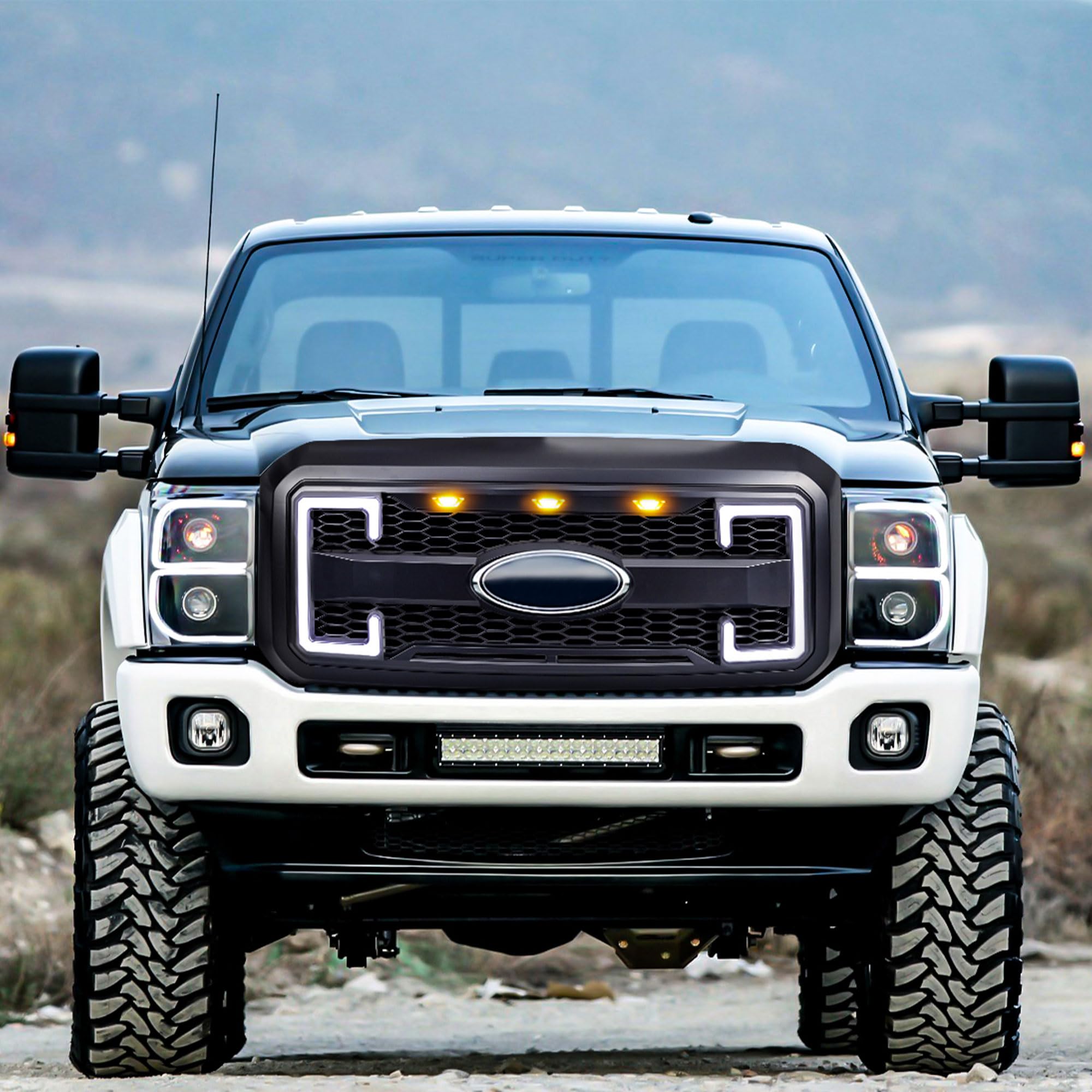 **2011-2016 Ford F250 F350 F450 F550 Matte Black Raptor Front Grille with DRL & Turn Signal Lights | Heavy-Duty Truck Upgrade | Off-Road & Street Style Enhancement**