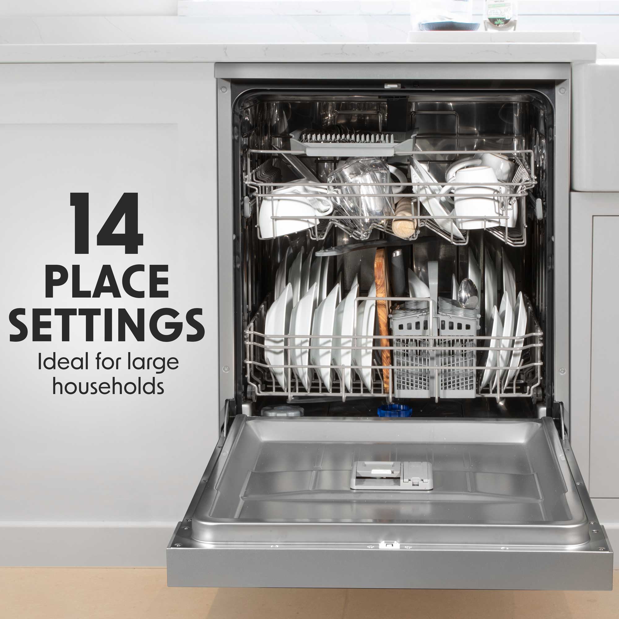 Baridi 60cm Freestanding Dishwasher - 14 Place Settings, 8 Wash Programs, LED Display, Energy Efficient, Silver (Model DH167) - Perfect for Small Kitchens, Apartments & Open-Plan Living Spaces