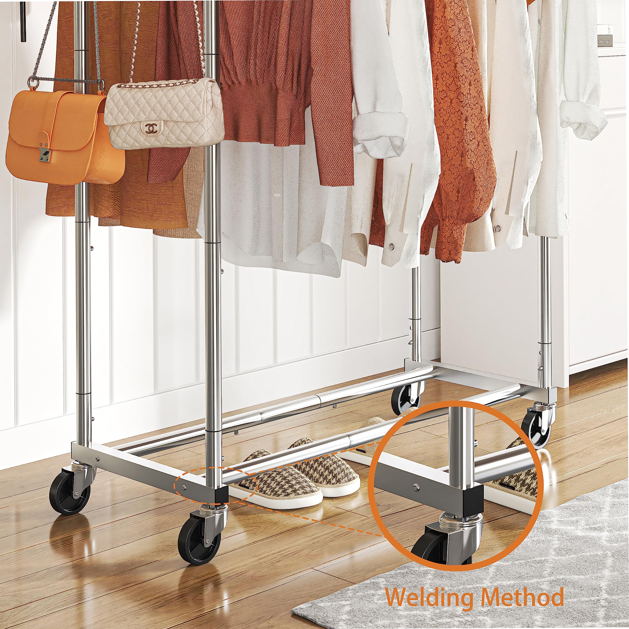 Double Rod Rolling Garment Rack with Wheels & 4 Hooks - Chrome Clothes Organizer for Bedroom, Closet, Laundry Room or Retail Store Display
