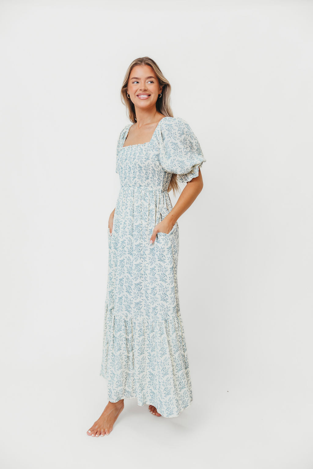 Livvy 100% Cotton Maxi Dress - Blue Foliage Print, Flowy Long Summer Dress for Women, Perfect for Beach Vacations, Garden Parties & Casual Outings