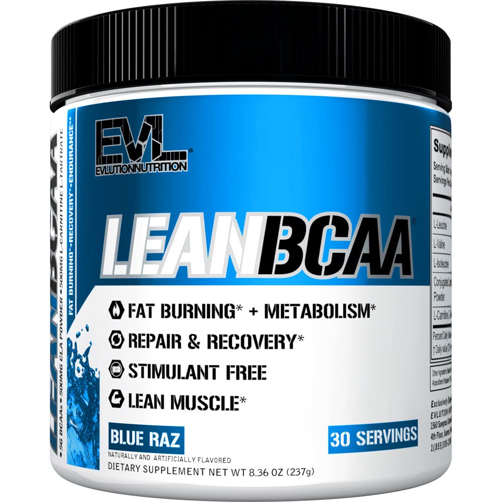 EVLUTION Stimulant-Free Lean BCAA Powder with CLA & Carnitine - 2:1:1 Branched Chain Amino Acids for Muscle Recovery, Fat Burn & Metabolism Support - Blue Raspberry Flavor - Ideal for Post-Workout Recovery & Weight Management