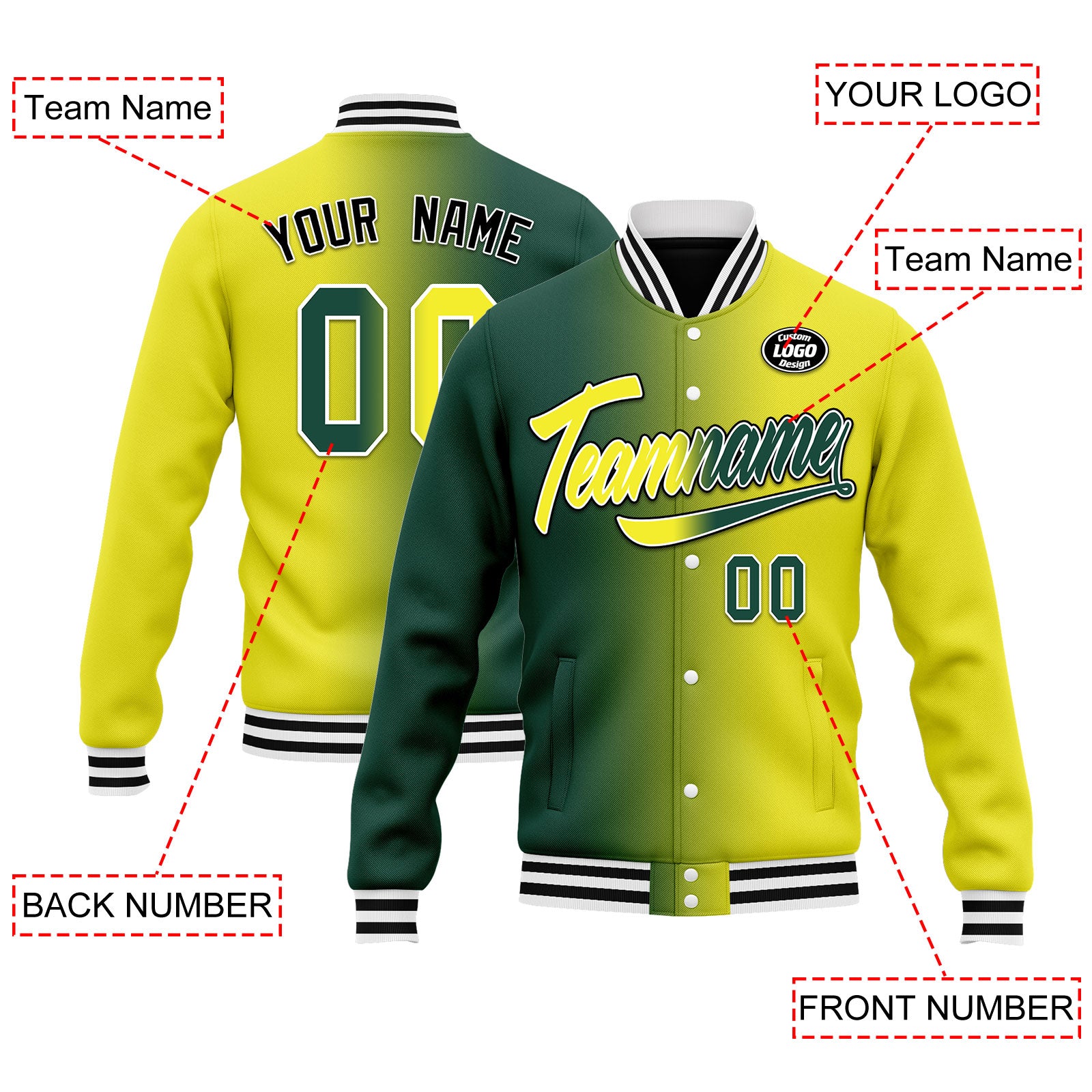 Custom Gradient Fashion Bomber Jacket - Personalized Varsity Letterman Jacket with Full Snap Closure (FZ005 D028015) - Perfect for Casual Wear, Street Style & School Events