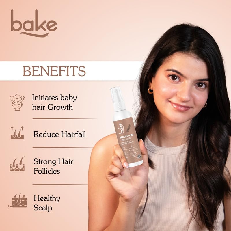 BAKE Rosemary Oil Hair Growth Serum Spray with Rice Water & Fenugreek Seed | Stops Hair Fall, Promotes Regrowth & Repairs Keratin Treated Hair | Strengthens Hair Follicles for Women & Men | 100ml | Perfect for Daily Hair Care & Scalp Treatment at Home
