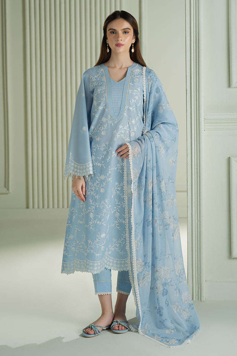 LAVENDER BLUE 3-Piece Embroidered Lawn Suit Set for Women | Floral Summer Outfit | Perfect for Weddings, Parties & Casual Wear