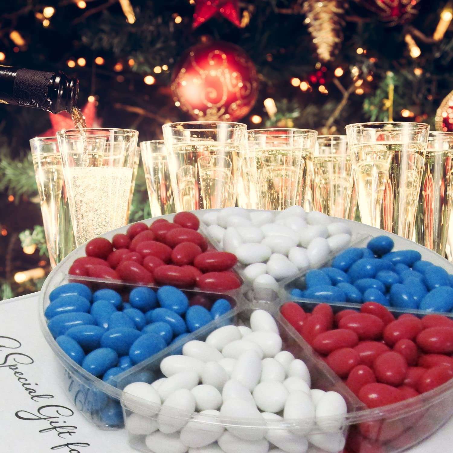 Patriotic Jordan Almonds Large Gift Tray - 36oz Bulk Candy for Weddings, Baby Showers & Holidays - Red White & Blue Confetti Almonds in Elegant Gift Box