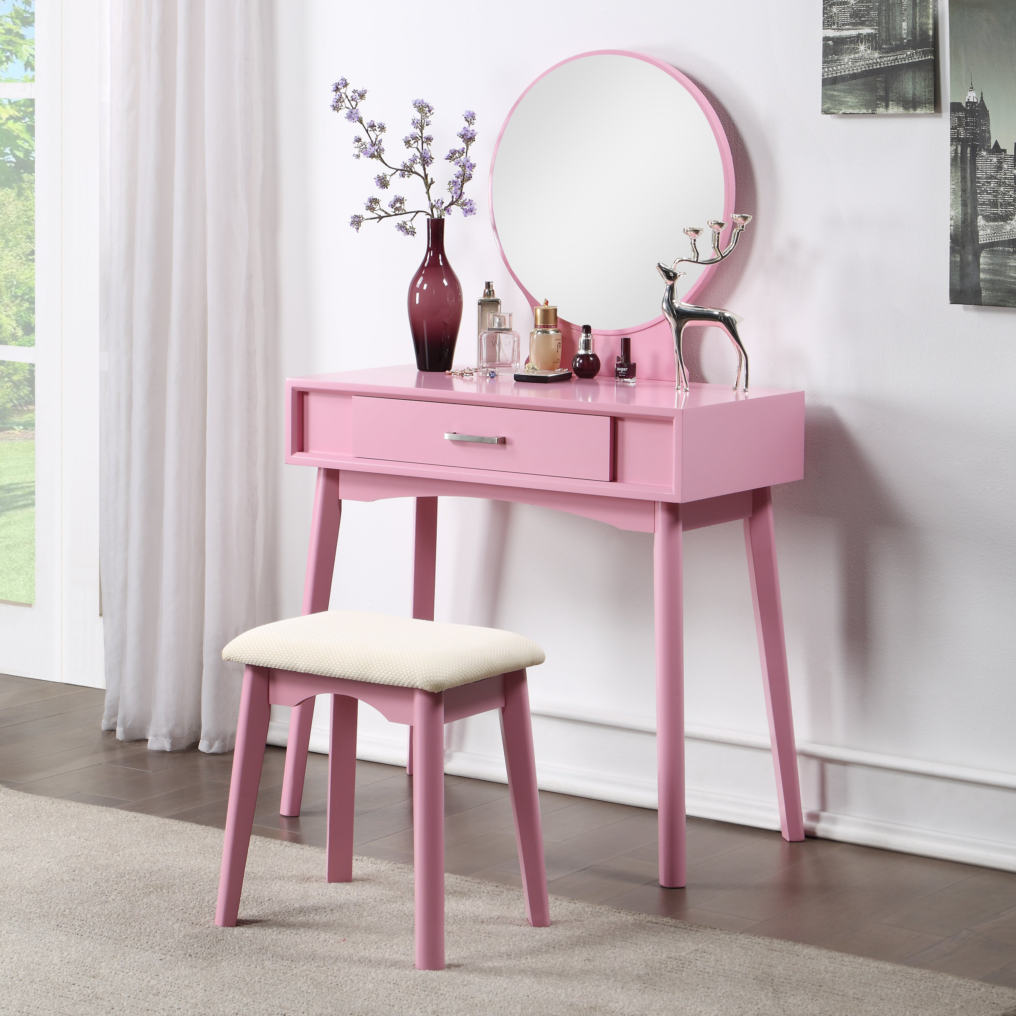 Roundhill Furniture Maly Contemporary Wood Vanity and Stool Set in Pink - Modern Dressing Table with Stool for Bedroom, Makeup Vanity Set for Women & Girls