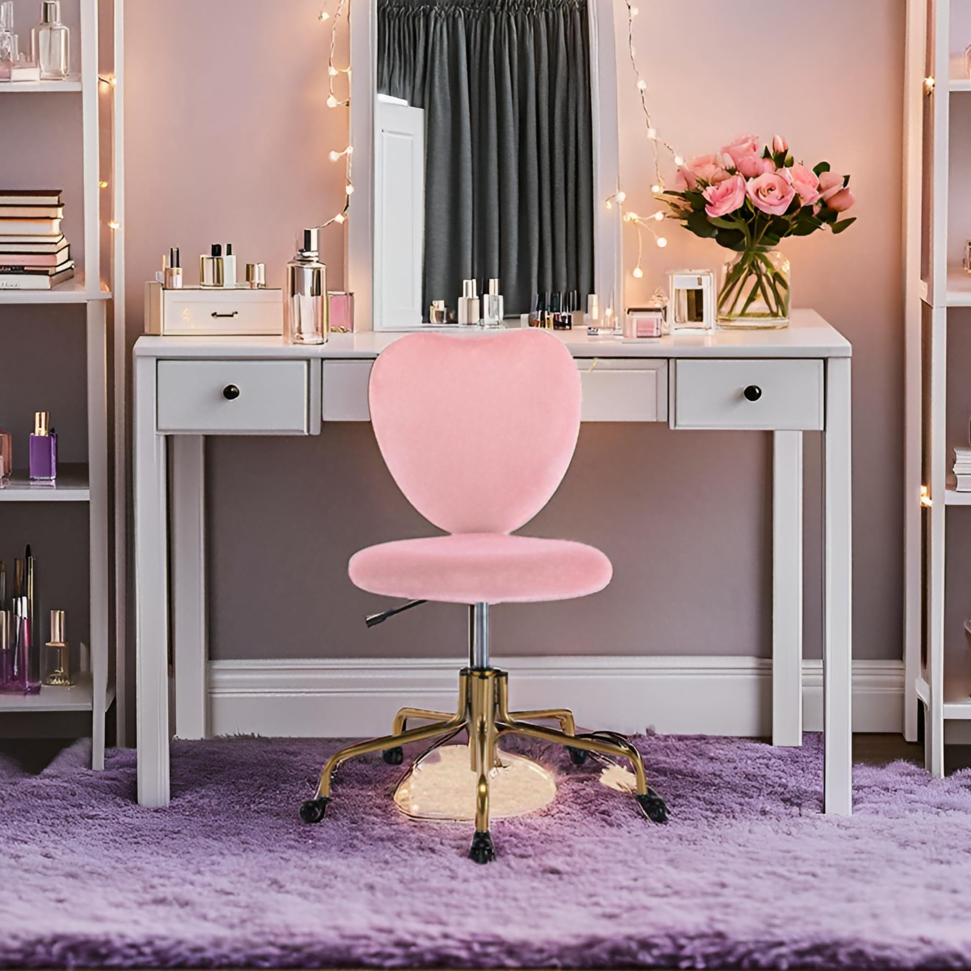 Velvet Pink Heart-Shaped Desk Chair with Wheels - Adjustable Height Swivel Office Chair, Armless Upholstered Vanity Chair for Home & Office - Perfect for Study, Workstation, Dressing Table and Bedroom Decor