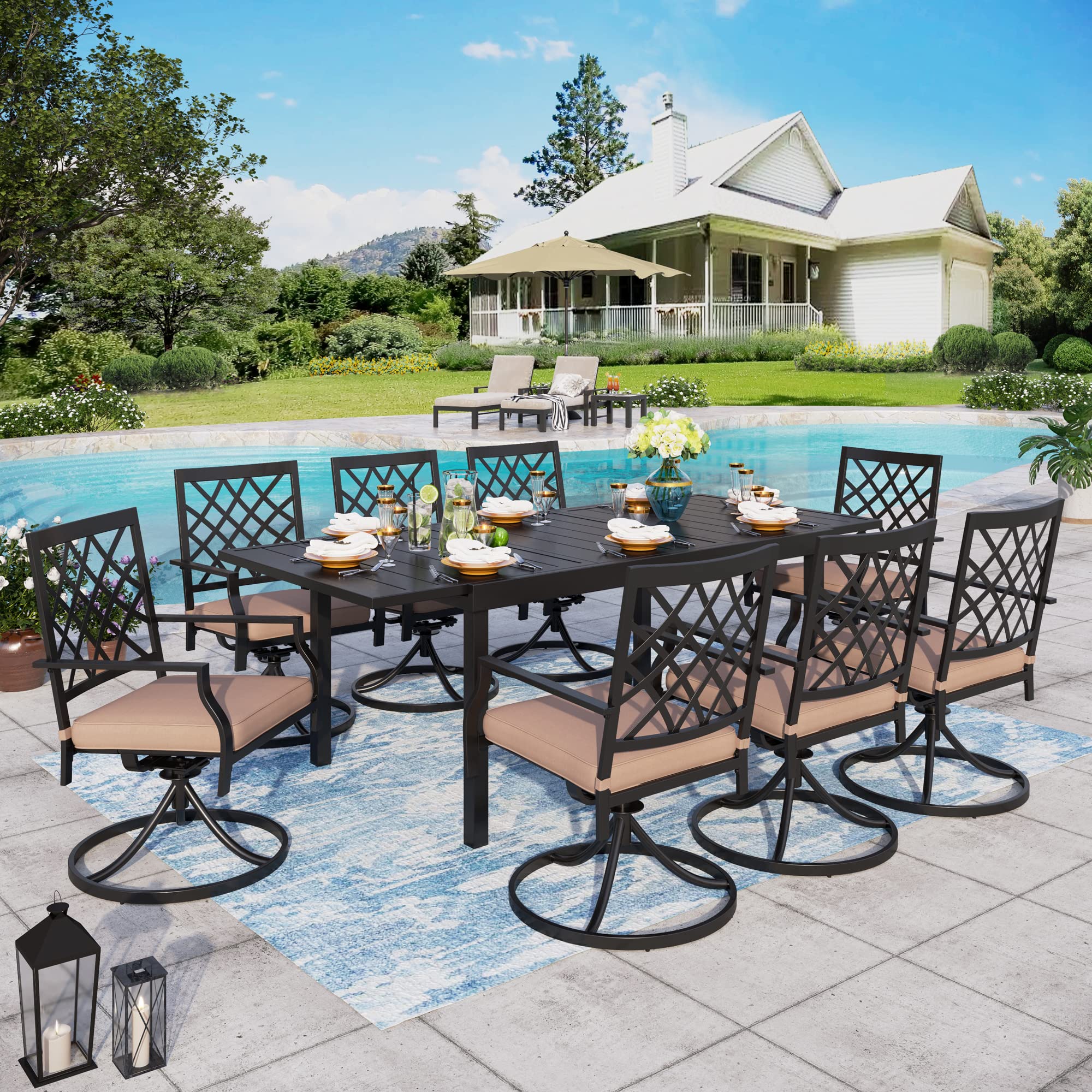 Sophia & William 9-Piece Outdoor Patio Dining Set - 8 Swivel Chairs & Expandable 6-8 Person Metal Table for Garden, Lawn, Backyard | Perfect for Outdoor Entertaining, BBQs, and Family Gatherings
