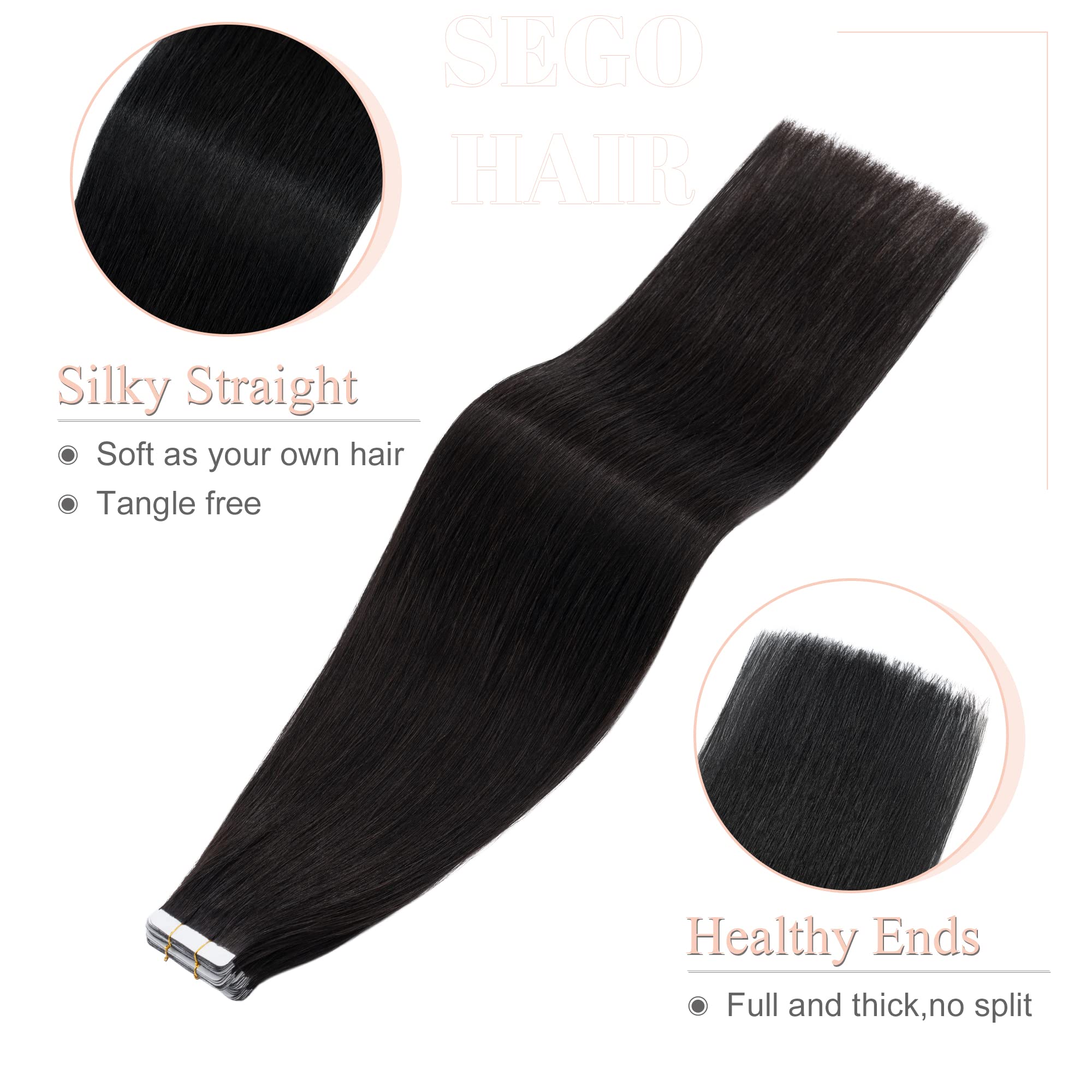 SEGO Tape In Human Hair Extensions 20pcs Jet Black 20