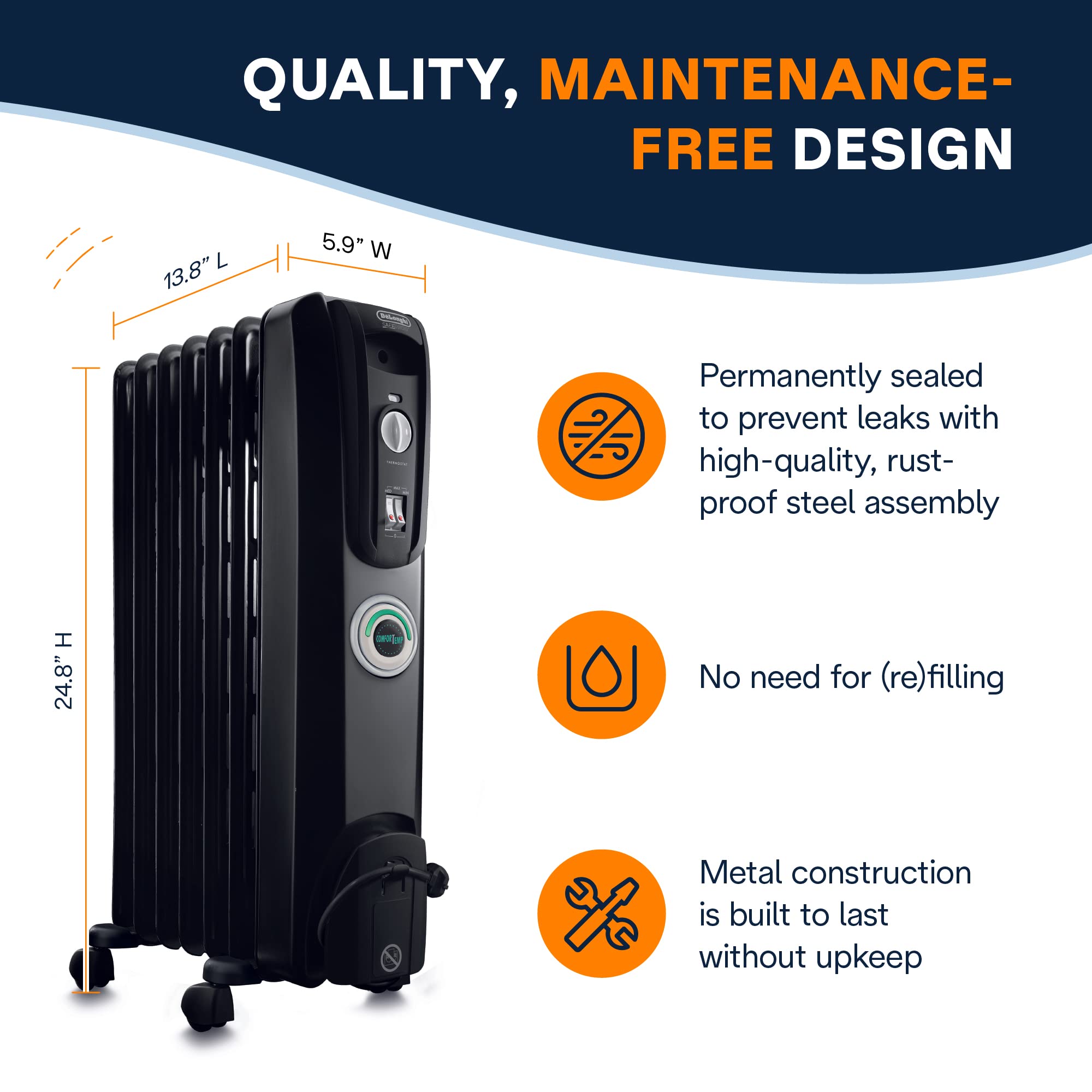 De'Longhi EW7707CB 1500W Oil Filled Radiator Heater - Portable Electric Space Heater for Indoor Use, Energy Efficient Room Heater with Safety Features for Office, Bedroom & Home - Perfect for Winter Warmth & Energy Savings