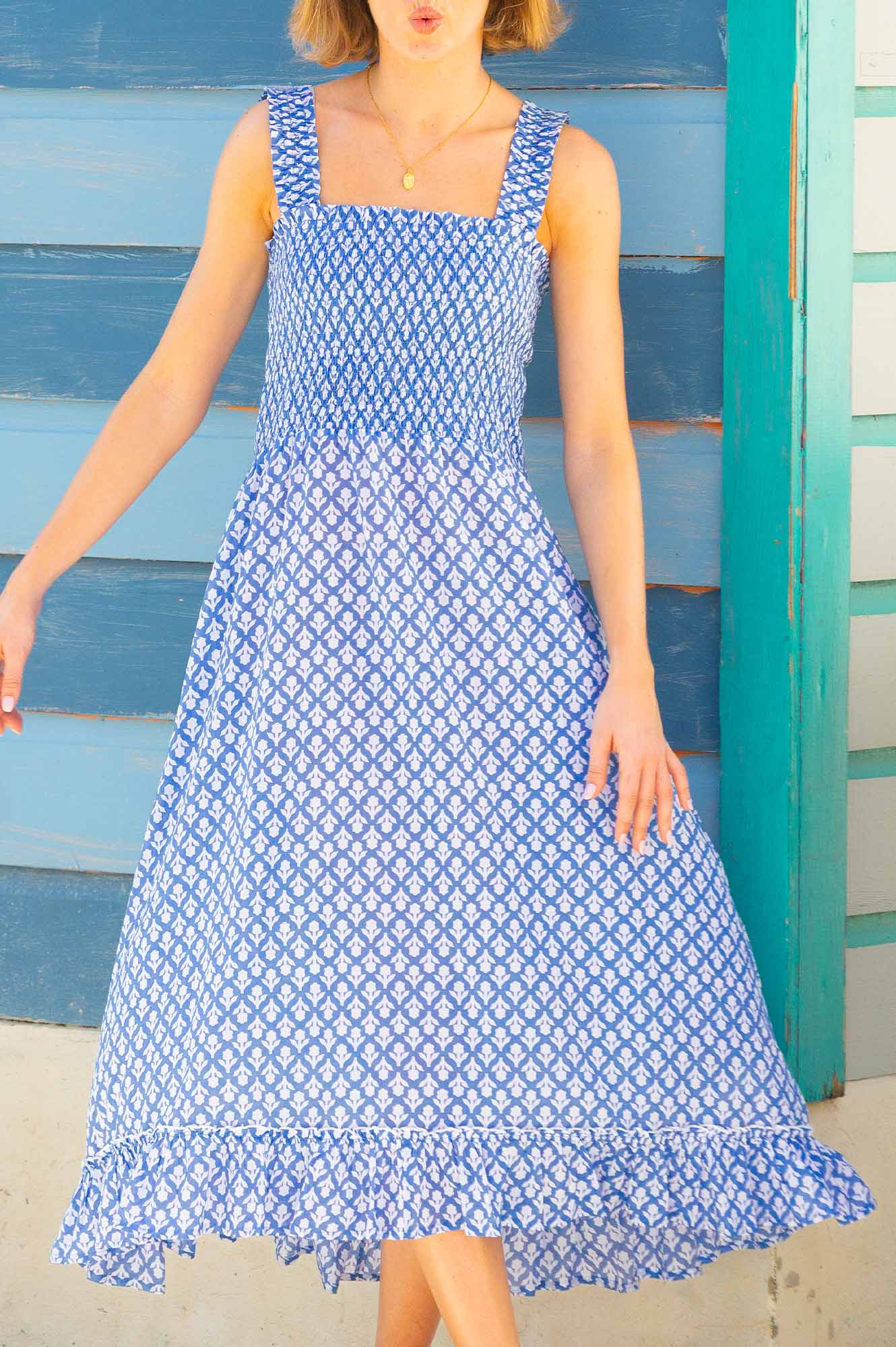 Rhianna Organic Cotton Dress with Floral Print - Cornflower Blue & White | Summer Casual Wear, Beach Outfit, Boho Style Fashion