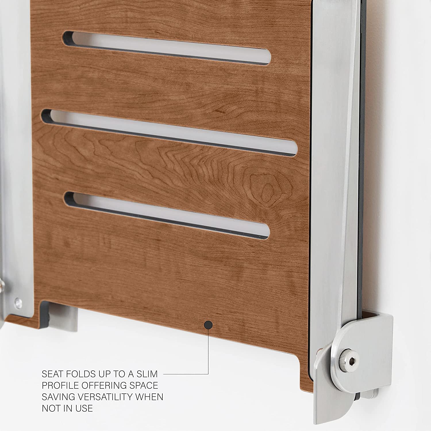 Seachrome 18 Inch Foldable Wall Mount Shower Bench Seat - Slimline White Shower Chair with Silver Frame - Space Saving Bathroom Safety Seat for Elderly & Disabled - Perfect for Small Showers & Bathrooms