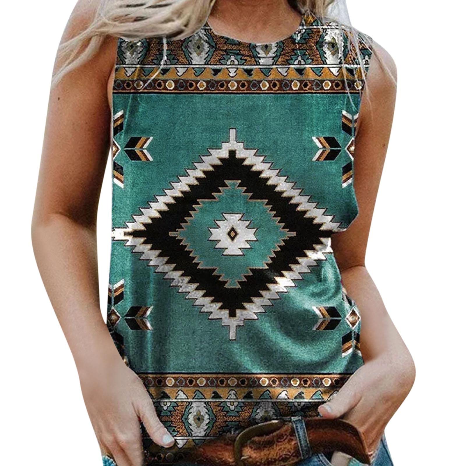 Women's Casual Aztec Print Round Neck Sleeveless Blouse & Loose Splice Vest Tops - Boho Chic Summer T-Shirts for Beach, Travel & Everyday Wear