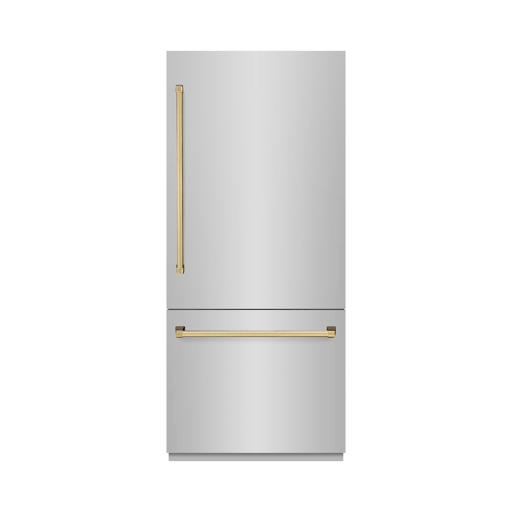 ZLINE Autograph Edition 36 Inch 19.8 cu ft Built-In Bottom Freezer Refrigerator with Water Dispenser & Ice Maker - Stainless Steel Exterior, Graphite Gray Interior & Polished Gold Accents (GRBITZ 304 36G) - Perfect for Modern Kitchens & Luxury Homes