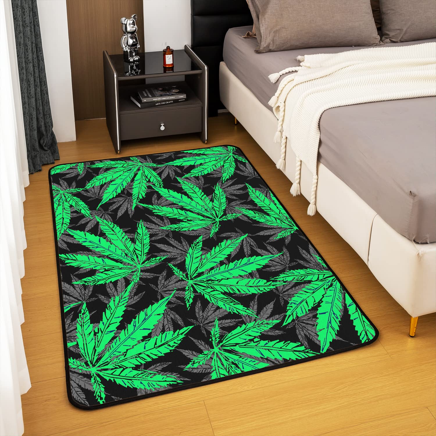 **Jejeloiu Marijuana Weed Leaf Area Rug 4x5 ft - Cannabis Leaves Decorative Rug for Living Room, Bedroom & Dorm - Green Grey Black Botanical Plant Print Accent Rug - Perfect for Home Decor & Stoner Gifts**