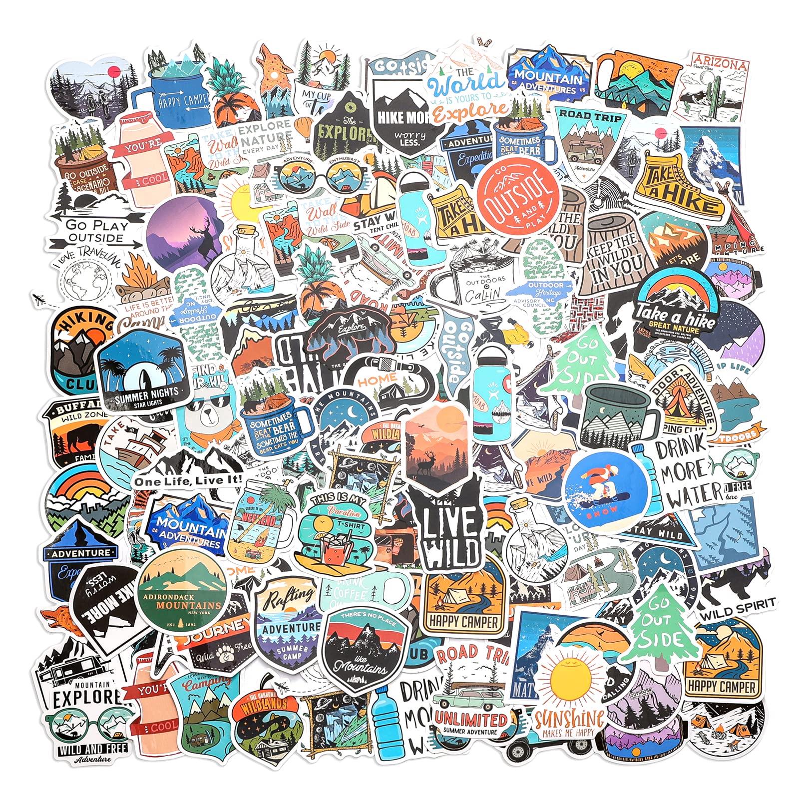 100 PCS Waterproof Outdoor Camping Stickers - Hiking, Travel, Adventure Decals for Water Bottles, Laptops & Gear - Bulk Stickers for Teens, Kids, Adults - Perfect for Nature Lovers & Outdoor Enthusiasts
