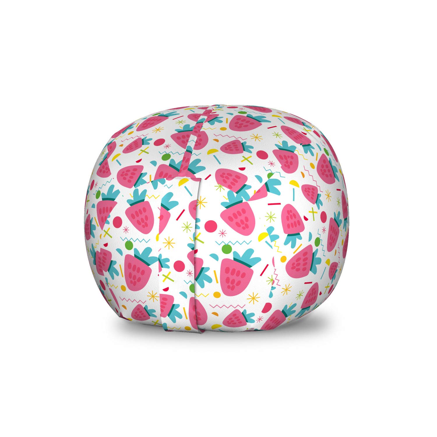 Ambesonne Strawberry Themed Toy Storage Bag Chair - Doodle Zigzags, Circles & Fruits Pattern - Washable Stuffed Animal Organizer - Small Size in Pink, Seafoam & White | Perfect for Kids' Room, Playroom & Nursery Organization