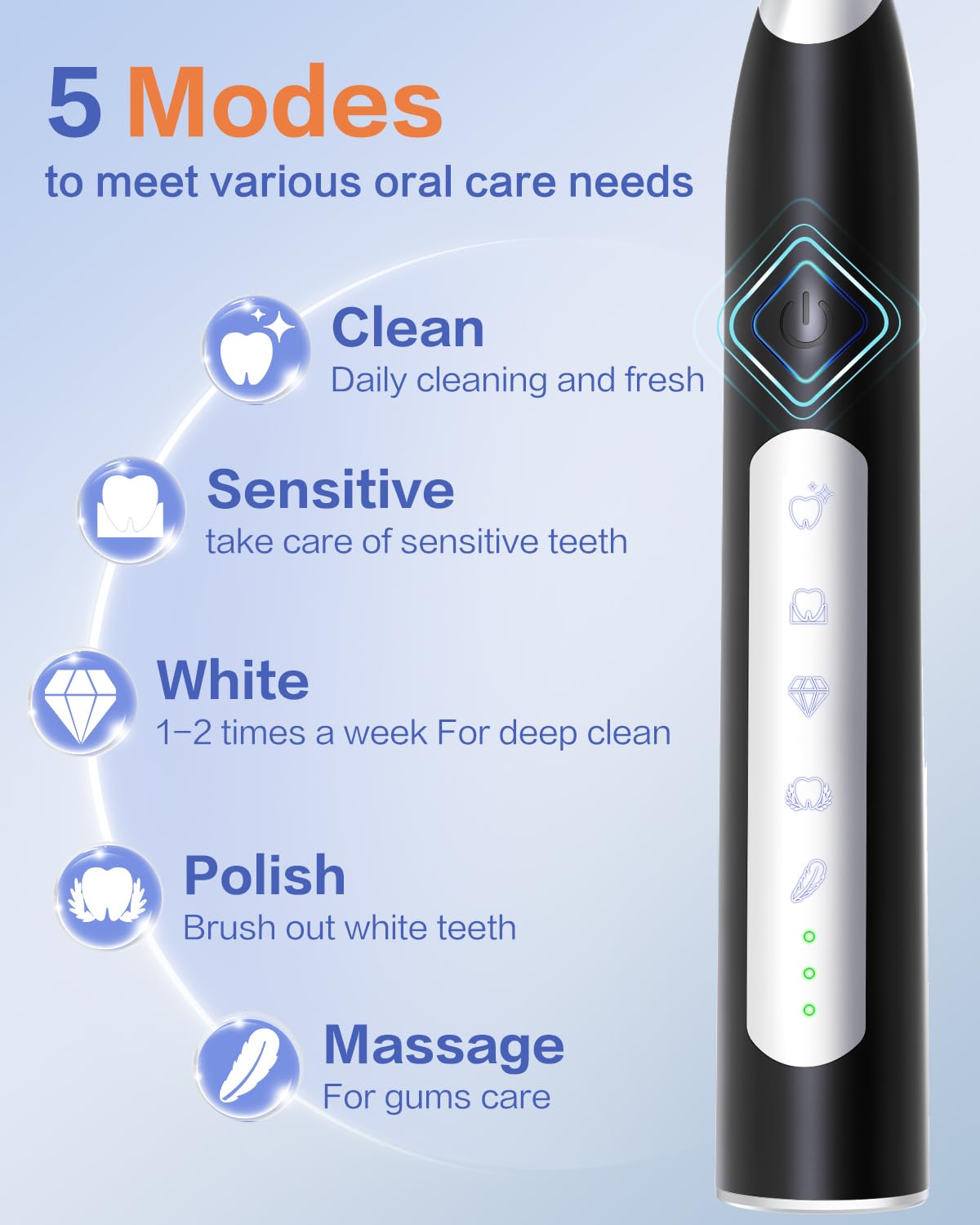 ANVS Sonic Electric Toothbrush for Adults - Rechargeable Toothbrush with 8 Brush Heads, Travel Case & Holder | 90-Day Battery Life, Fast Charging & Whitening Power | Perfect for Travel, Home & Daily Oral Care (Black)