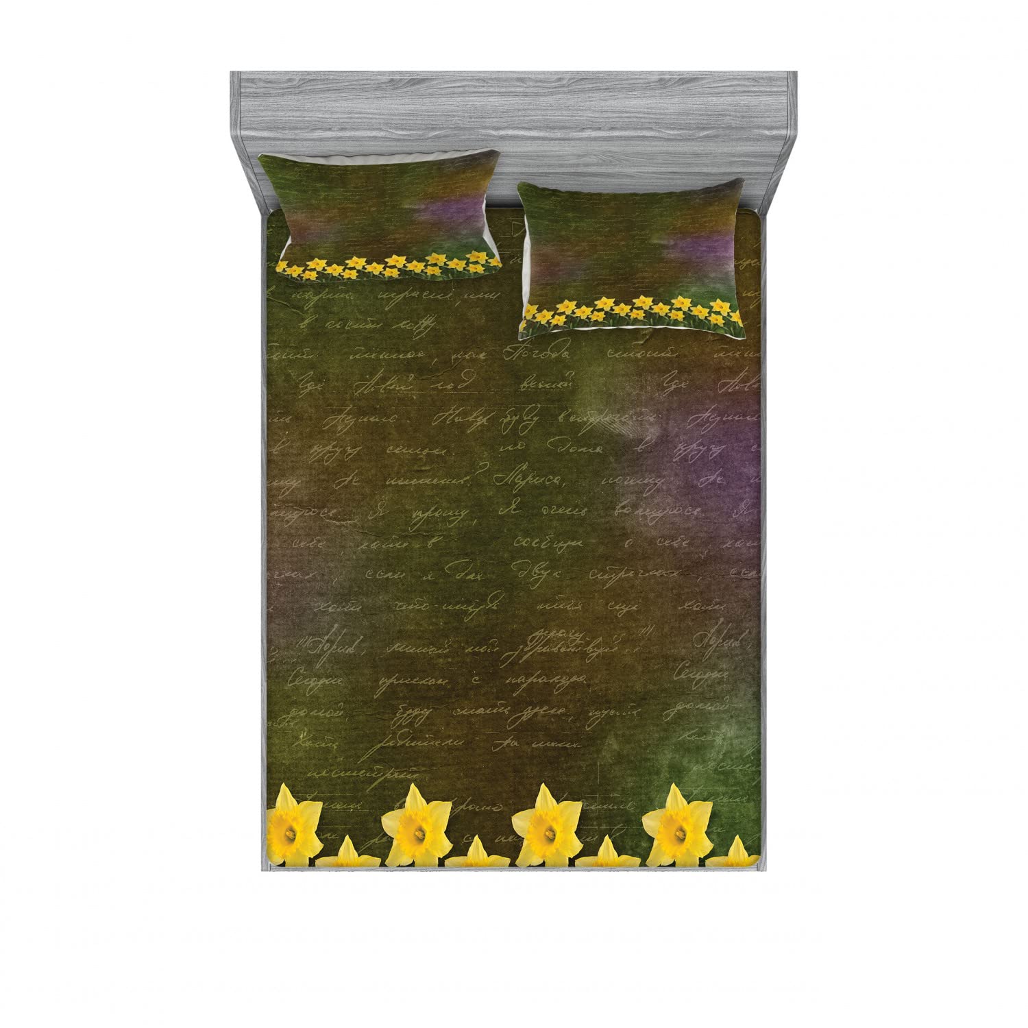 Ambesonne Vintage 2-Pack Queen Size Fitted Sheet & Pillow Sham Set - Floral Bridal Spring Flowers Design, 4-Piece Bedding Decor in Brown & Yellow | Includes 2 Fitted Sheets & 4 Pillow Covers | Perfect for Guest Rooms, Master Bedrooms & Spring Wedding Decorations