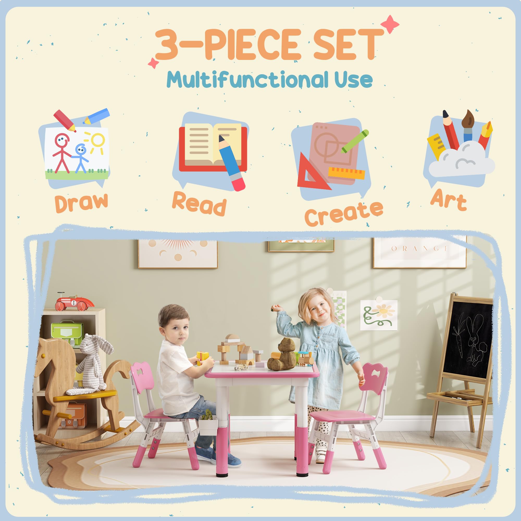 Qaba 3-Piece Kids Table and Chair Set - Adjustable Height Toddler Activity Table with Storage - Perfect for Playroom, Nursery, Classroom (Pink) | Ideal for Arts & Crafts, Snack Time, and Learning Activities