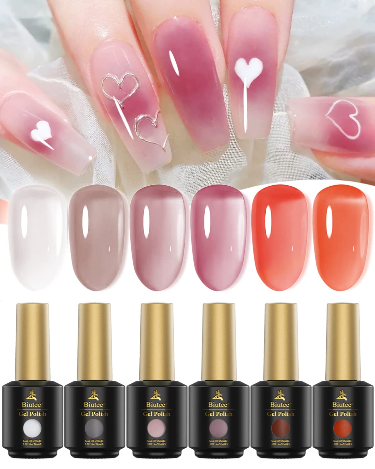 Biutee 6 Colors Transparent Jelly Gel Nail Polish Set - Sheer Nude Translucent Soak Off UV LED Gel Polish for Nail Art, Salon & Home DIY - Perfect for French Manicure, Ombre Designs & Everyday Wear