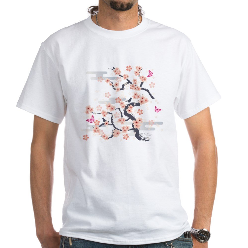 Japanese Blossom White Cotton T-Shirt for Women & Men - Soft Breathable Casual Tee for Spring Outfits, Anime Fans & Cherry Blossom Festival