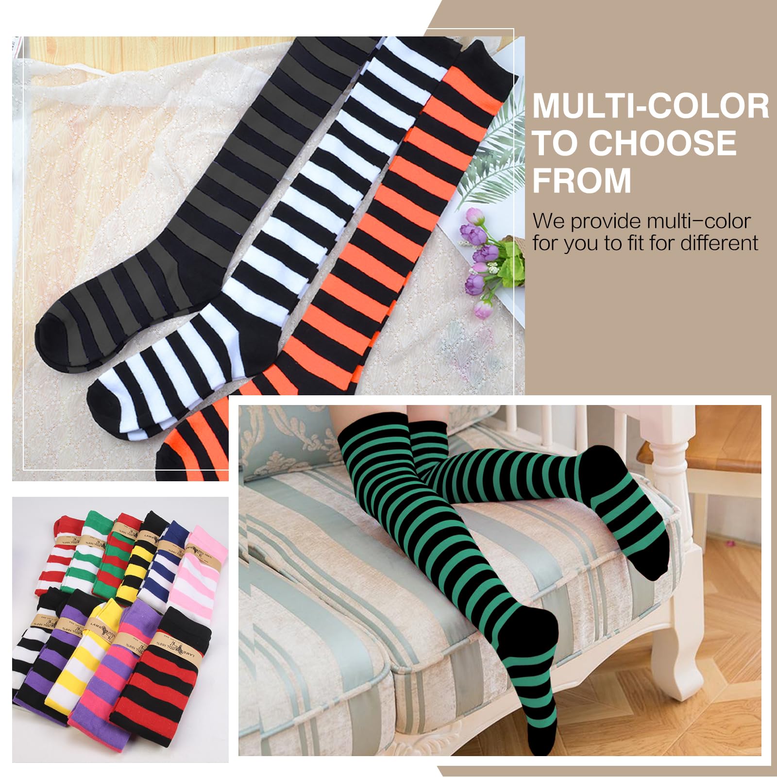 Raylarnia Women's Extra Long Opaque Striped Over Knee High Socks - Thigh High Stockings for Women, Fashionable Striped Tights, Perfect for Winter, Cosplay, Office & Daily Wear